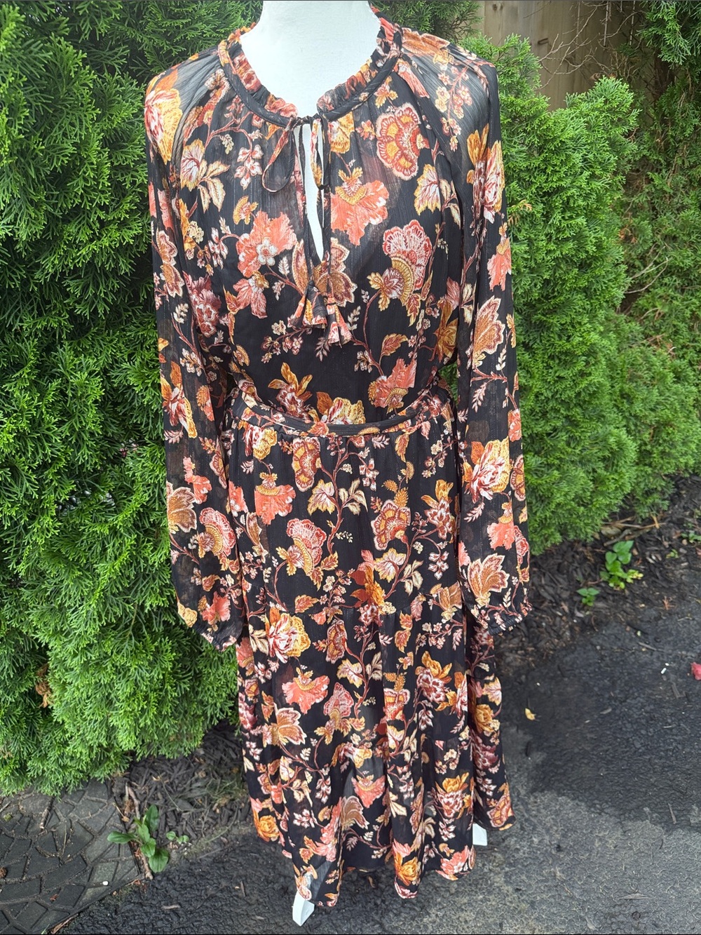 Bohemian Floral Long-Sleeve Maxi Dress in Black and Rust